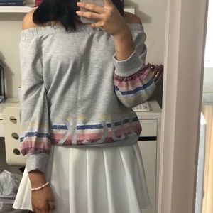 small grey + multicolor, off the shoulder sweater